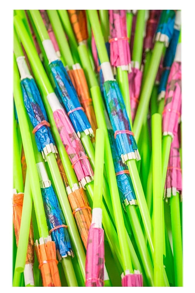 Alt view image 2 of 2 - Concession essentials luau part straws 24 green umbrella straws and 24 pink palm from straws. Total 56 straws