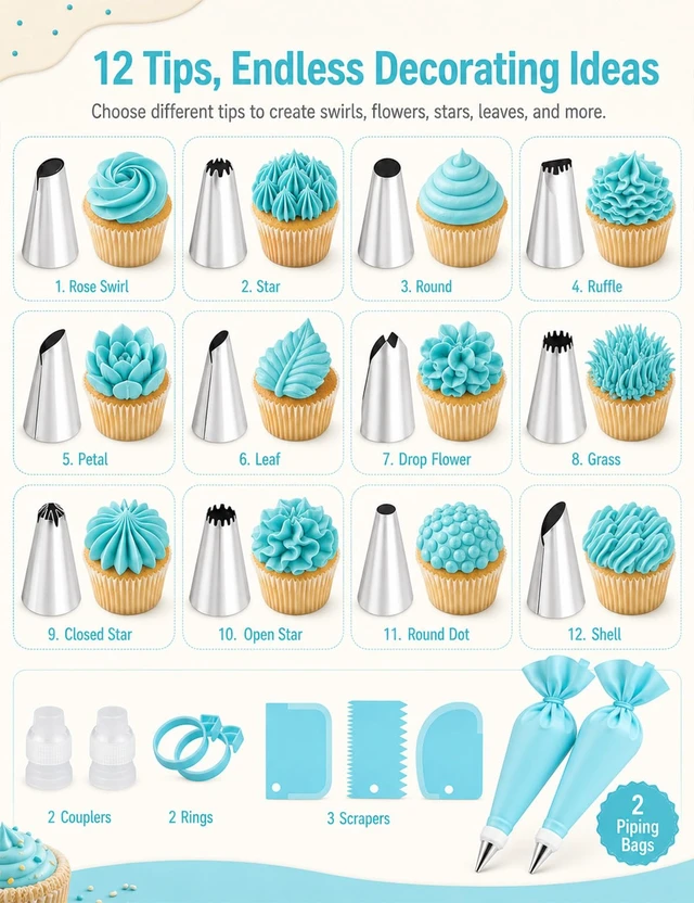 Alt view image 3 of 7 - Reusable Piping Bags and Tips Set, 21-Piece Cake and Cupcake Decorating Kit