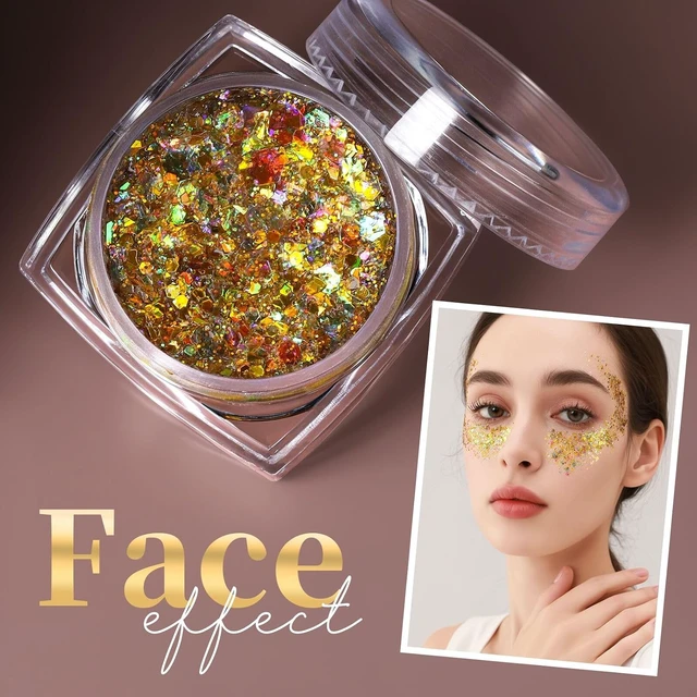 Alt view image 6 of 7 - Teenitor Face Glitter Body Glitter, Gold Body Glitter Gel, Hair Glitter Gel, 6 Shapes Rave Glitter, Festival Makeup Glitters Gel, Chunky Sparkling Glitter Gel for Face, Body, Hair