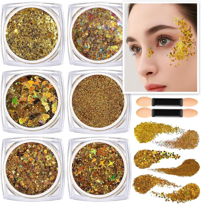 Main image of Teenitor Face Glitter Body Glitter, Gold Body Glitter Gel, Hair Glitter Gel, 6 Shapes Rave Glitter, Festival Makeup Glitters Gel, Chunky Sparkling Glitter Gel for Face, Body, Hair