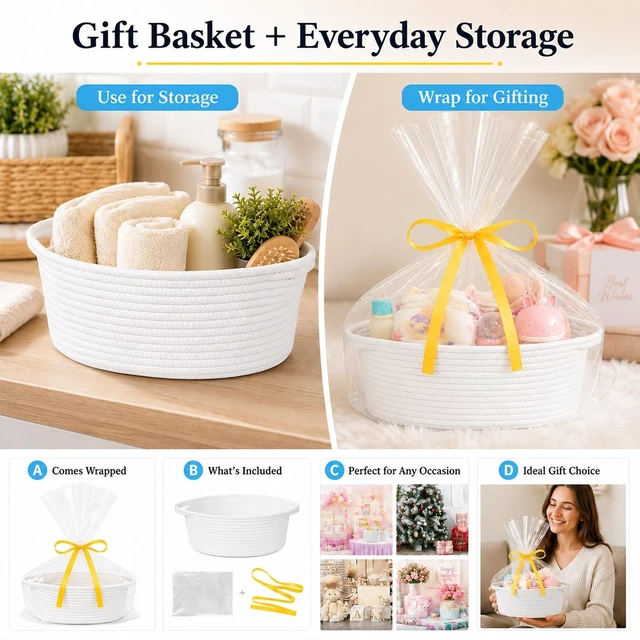 Alt view image 6 of 7 - Empty Gift Basket with Gift Bag & Ribbon, Woven Rope Basket, 12x8x5 inch