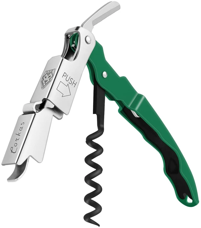 Main image of CORKAS Wine Key - Professional Handcrafted Heavy Duty Waiter Corkscrew, Compact Wine Opener with Double Hinged, Foil Cutter and Bottle Opener, Gifts for Servers, Sommelier, Bartenders - Dark Green