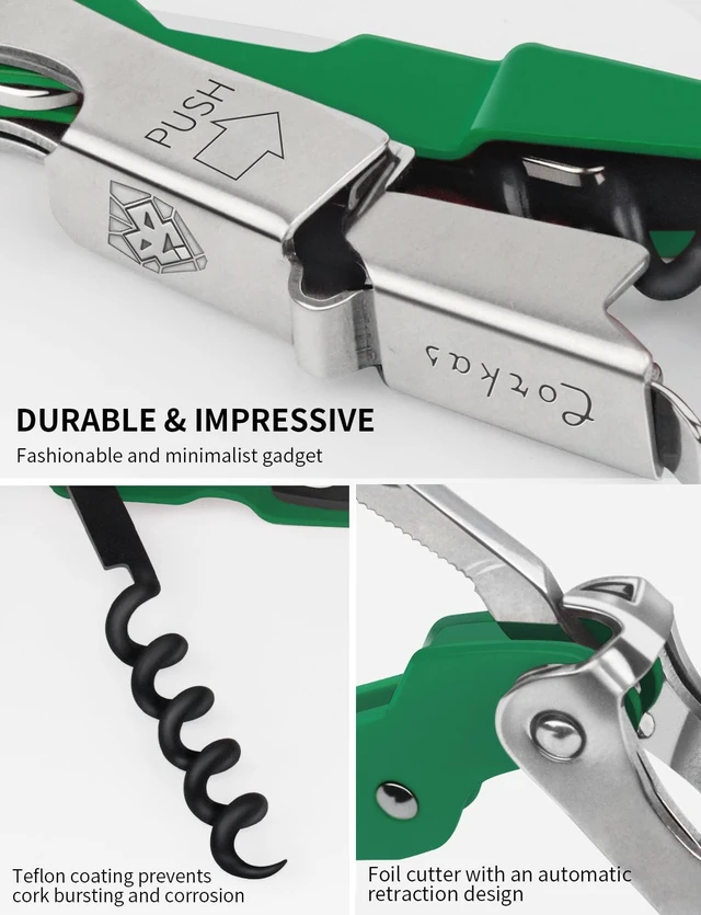 Alt view image 5 of 7 - CORKAS Wine Key - Professional Handcrafted Heavy Duty Waiter Corkscrew, Compact Wine Opener with Double Hinged, Foil Cutter and Bottle Opener, Gifts for Servers, Sommelier, Bartenders - Dark Green