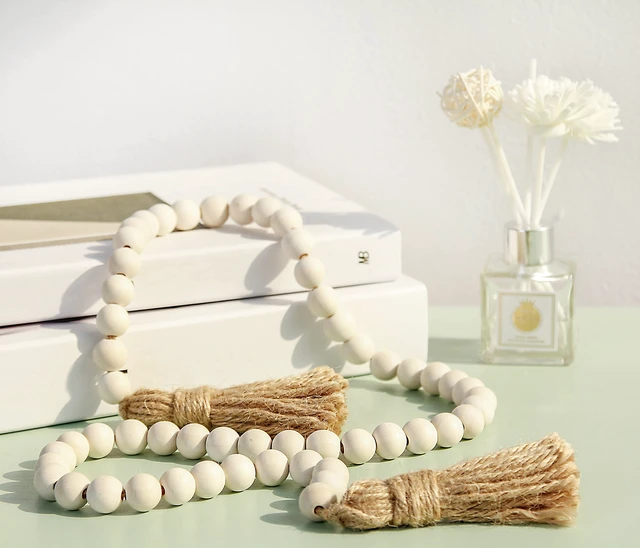Alt view image 4 of 7 - Meplait 39in Wood Bead Garland, Farmhouse Beads with Tassels, Natural