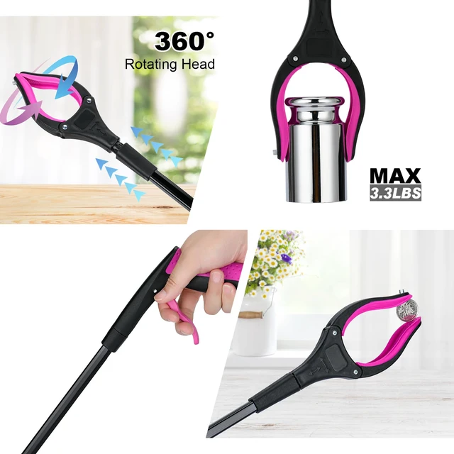 Alt view image 2 of 6 - 32" Grabber Reacher Tool, 360° Rotating Head, Wide Jaw, Foldable Reacher Grabber Pickup Tool,Anti-Slip Rotating Jaw with Magnet, 4" Wide Claw Opening Grabbers for Seniors (Purple)