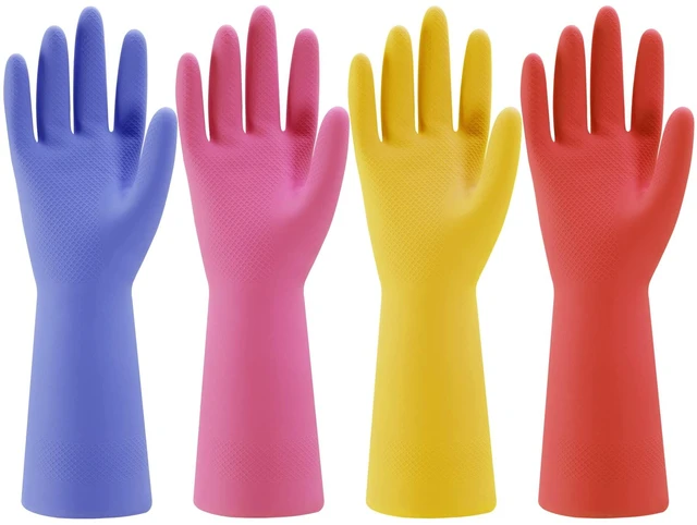 Main image of Rubber Kitchen Dishwashing Gloves - 4 Pairs Colorful Reusable Household Cleaning Gloves for Washing Dishes and Cleaning Tasks, Flexible Long-lasting and Non-Slip (Medium, Blue+Pink+Yellow+Red)