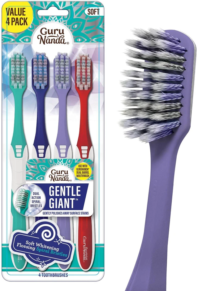 Main image of GuruNanda Gentle Giant Toothbrush with Dual Action Flossing Spiral Bristles, Non-Slip Ergo Dexa Grip, Helps in Teeth Whitening, BPA Free Manual Toothbrushes, Assorted Colors, 4 Count