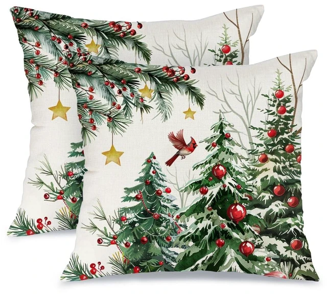 Main image of AACORS Christmas Pillow Cover 16X16 Set of 2, Red Baubles Christmas Tree Bird Stars Decoration Holiday Farmhouse Winter Pillow Case for Sofa Couch Decor AA616-16-2
