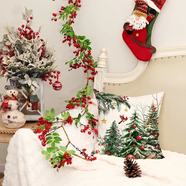 Alt view image 2 of 7 - AACORS Christmas Pillow Cover 16X16 Set of 2, Red Baubles Christmas Tree Bird Stars Decoration Holiday Farmhouse Winter Pillow Case for Sofa Couch Decor AA616-16-2