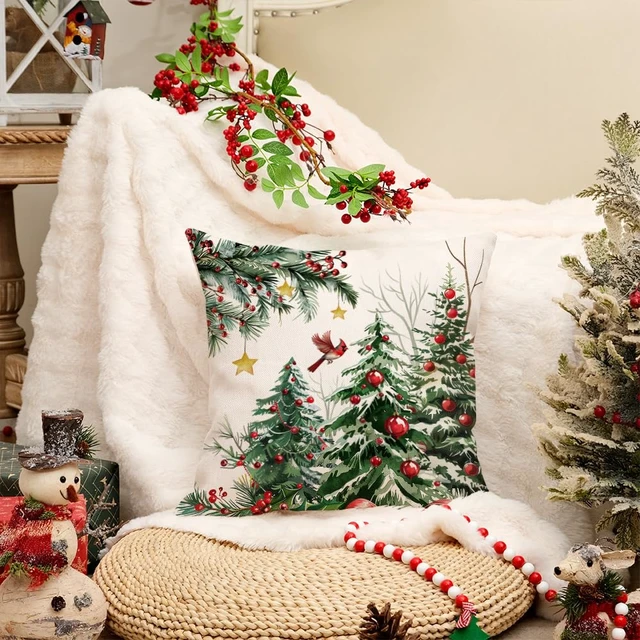 Alt view image 3 of 7 - AACORS Christmas Pillow Cover 16X16 Set of 2, Red Baubles Christmas Tree Bird Stars Decoration Holiday Farmhouse Winter Pillow Case for Sofa Couch Decor AA616-16-2