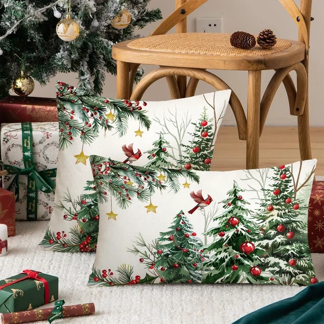 Alt view image 4 of 7 - AACORS Christmas Pillow Cover 16X16 Set of 2, Red Baubles Christmas Tree Bird Stars Decoration Holiday Farmhouse Winter Pillow Case for Sofa Couch Decor AA616-16-2