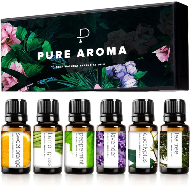 Main image of Essential Oils Set by Pure Aroma - Top 6 Aromatherapy Oils Gift Set-6 Pack, 10ml (Eucalyptus, Lavender, Lemongrass, Sweet Orange, Peppermint, Tea Tree)