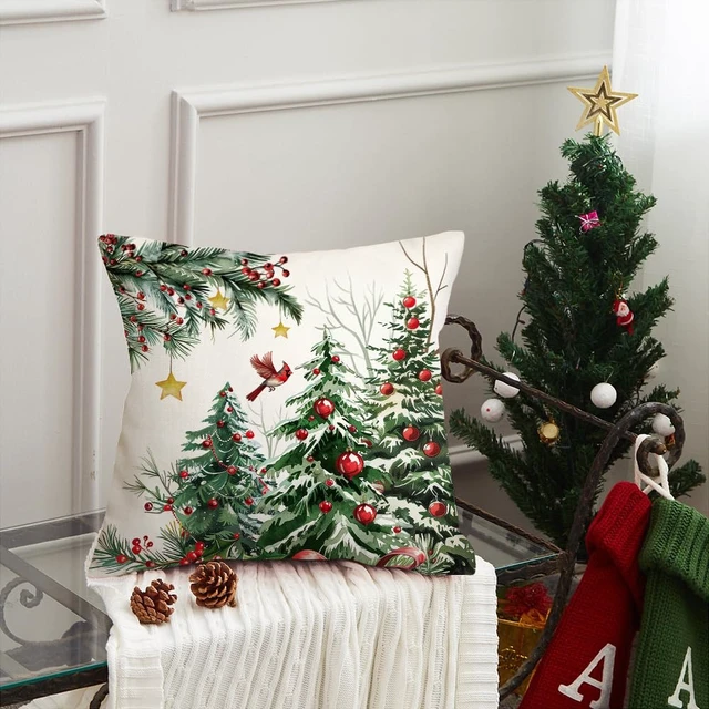 Alt view image 5 of 7 - AACORS Christmas Pillow Cover 16X16 Set of 2, Red Baubles Christmas Tree Bird Stars Decoration Holiday Farmhouse Winter Pillow Case for Sofa Couch Decor AA616-16-2