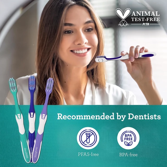 Alt view image 7 of 7 - GuruNanda Gentle Giant Toothbrush with Dual Action Flossing Spiral Bristles, Non-Slip Ergo Dexa Grip, Helps in Teeth Whitening, BPA Free Manual Toothbrushes, Assorted Colors, 4 Count