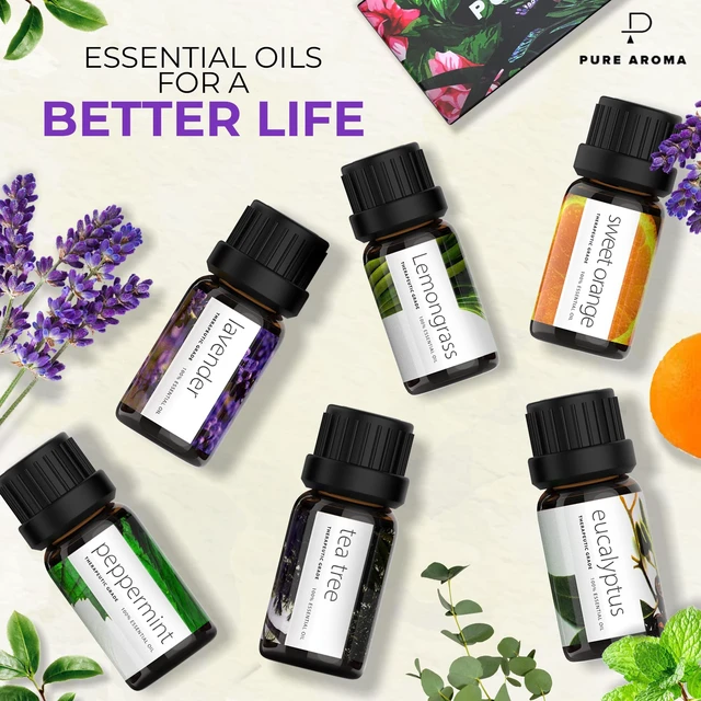Alt view image 2 of 6 - Essential Oils Set by Pure Aroma - Top 6 Aromatherapy Oils Gift Set-6 Pack, 10ml (Eucalyptus, Lavender, Lemongrass, Sweet Orange, Peppermint, Tea Tree)