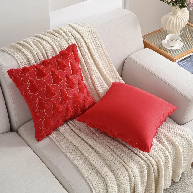 Alt view image 2 of 6 - Volcanics Red Christmas Tree Decorative Throw Pillow Covers 18x18 Inch Set of 2, Soft Plush Faux Fur with Sparkling Sequin Design, Luxury Throw Pillowcases for Couch Holiday Festivals