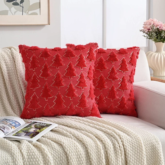 Alt view image 4 of 6 - Volcanics Red Christmas Tree Decorative Throw Pillow Covers 18x18 Inch Set of 2, Soft Plush Faux Fur with Sparkling Sequin Design, Luxury Throw Pillowcases for Couch Holiday Festivals