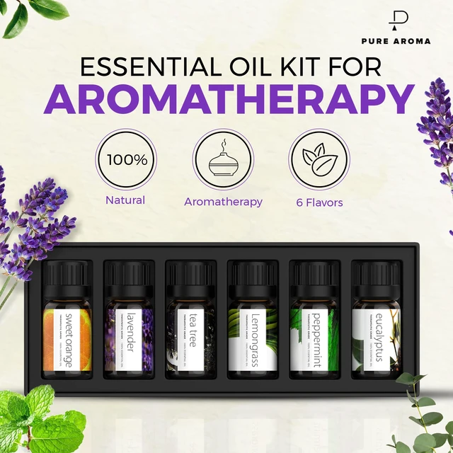 Alt view image 5 of 6 - Essential Oils Set by Pure Aroma - Top 6 Aromatherapy Oils Gift Set-6 Pack, 10ml (Eucalyptus, Lavender, Lemongrass, Sweet Orange, Peppermint, Tea Tree)