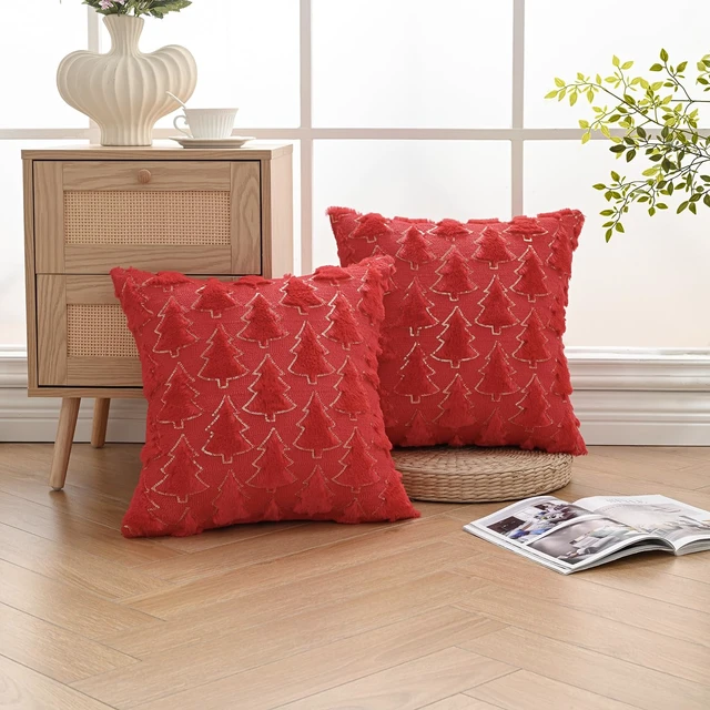 Alt view image 5 of 6 - Volcanics Red Christmas Tree Decorative Throw Pillow Covers 18x18 Inch Set of 2, Soft Plush Faux Fur with Sparkling Sequin Design, Luxury Throw Pillowcases for Couch Holiday Festivals