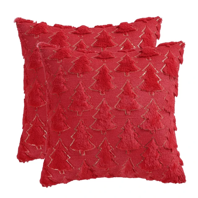 Alt view image 6 of 6 - Volcanics Red Christmas Tree Decorative Throw Pillow Covers 18x18 Inch Set of 2, Soft Plush Faux Fur with Sparkling Sequin Design, Luxury Throw Pillowcases for Couch Holiday Festivals