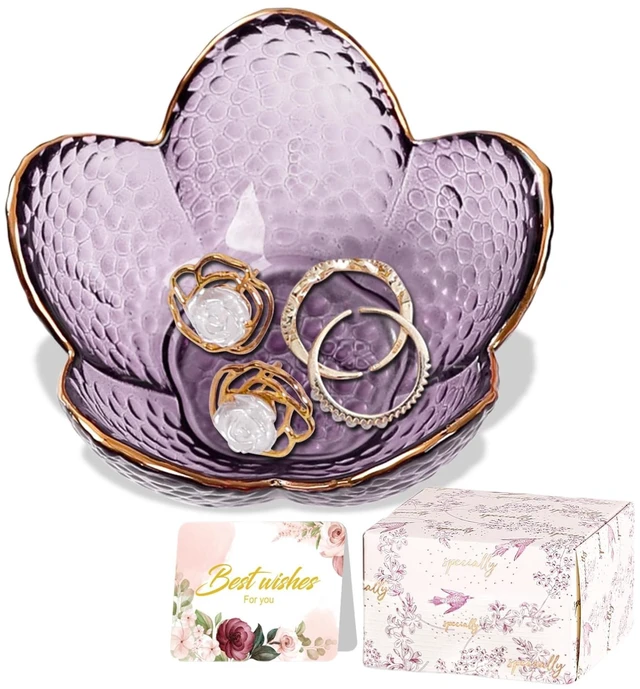 Main image of Purple Flower Jewelry Dish Glass Ring Holder Dish Jewelry Tray Cute Vanity Organizer Aesthetic Nightstand Bathroom Room Decor Trinket Dish Mothers Day Friendship Christmas Birthday Gifts for Women