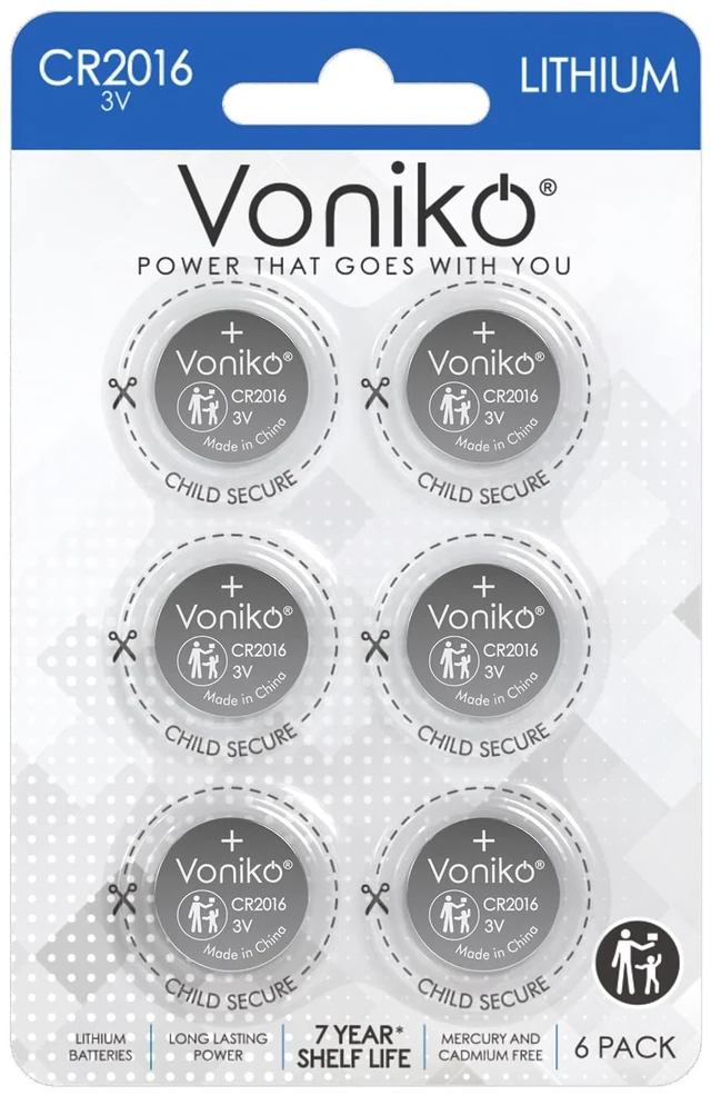 Main image of Voniko CR2016 3V Lithium Batteries 6 Pack for Child Safety, Compatible with Remotes, Key Fobs, Glucose Monitors - 7 Years Shelf Life