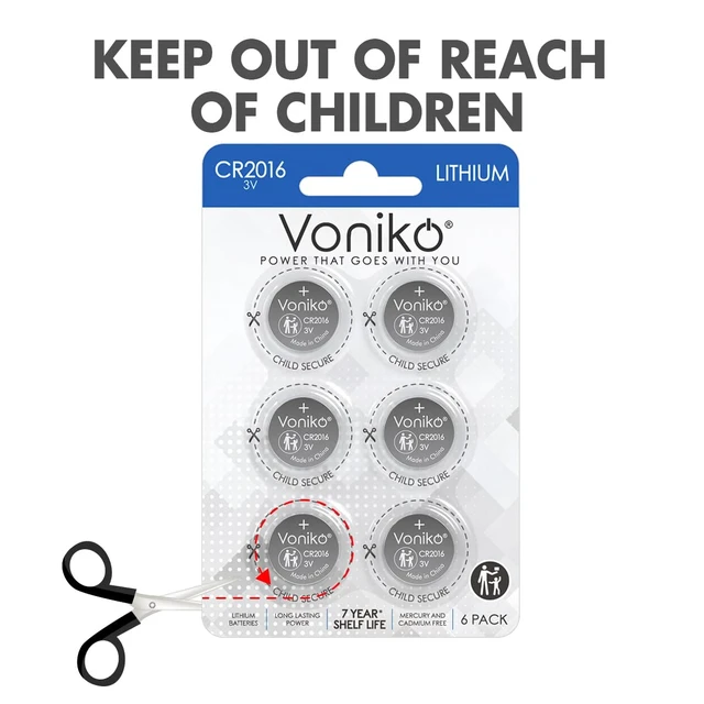 Alt view image 4 of 7 - Voniko CR2016 3V Lithium Batteries 6 Pack for Child Safety, Compatible with Remotes, Key Fobs, Glucose Monitors - 7 Years Shelf Life