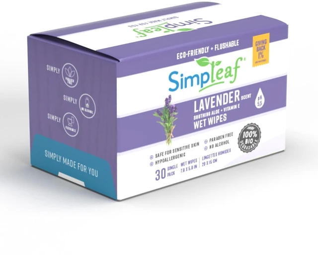 Main image of Simpleaf Flushable Lavender Single Pack Wet Wipes | Eco-Friendly Paraben & Alcohol Free | Hypoallergenic & Safe for Sensitive Skin | Soothing Aloe Vera Formula | (30 Single Pack Wipes)