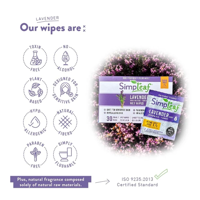 Alt view image 7 of 7 - Simpleaf Flushable Lavender Single Pack Wet Wipes | Eco-Friendly Paraben & Alcohol Free | Hypoallergenic & Safe for Sensitive Skin | Soothing Aloe Vera Formula | (30 Single Pack Wipes)