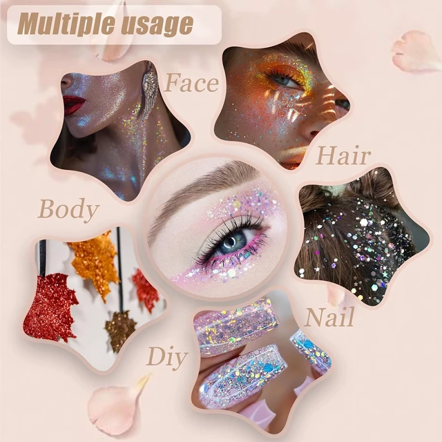 Alt view image 6 of 7 - Face Body Glitter, Hair Glitter Sparkles Chunky Face Glitter Gel for Girls Makeup Singer Concerts Mermaid Festival Sequins Face Paint (White+Silver+Pink+Gold+Blue)