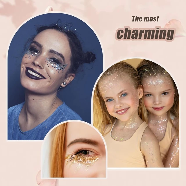 Alt view image 5 of 7 - Face Body Glitter, Hair Glitter Sparkles Chunky Face Glitter Gel for Girls Makeup Singer Concerts Mermaid Festival Sequins Face Paint (White+Silver+Pink+Gold+Blue)