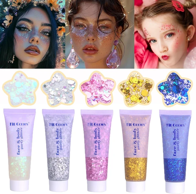 Alt view image 3 of 7 - Face Body Glitter, Hair Glitter Sparkles Chunky Face Glitter Gel for Girls Makeup Singer Concerts Mermaid Festival Sequins Face Paint (White+Silver+Pink+Gold+Blue)
