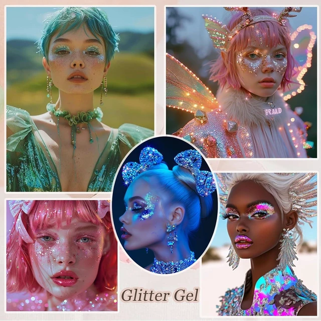 Main image of Face Body Glitter, Hair Glitter Sparkles Chunky Face Glitter Gel for Girls Makeup Singer Concerts Mermaid Festival Sequins Face Paint (White+Silver+Pink+Gold+Blue)