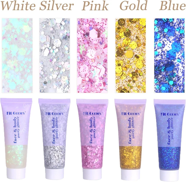 Alt view image 2 of 7 - Face Body Glitter, Hair Glitter Sparkles Chunky Face Glitter Gel for Girls Makeup Singer Concerts Mermaid Festival Sequins Face Paint (White+Silver+Pink+Gold+Blue)