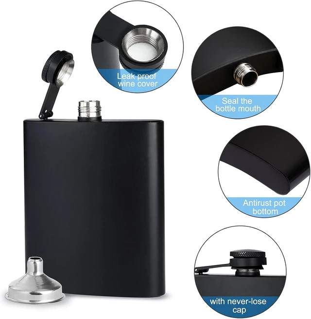 Alt view image 3 of 6 - GADIEDIE2 pcs Hip Flask for Liquor for Men Matte Black Stainless Steel Leakproof and Funnel, with Never-Lose Metal Cap, Drinking Flasks for Wedding Party Gift Outdoor Activities, 8 Oz