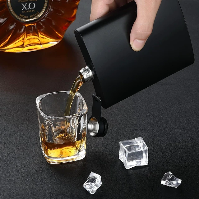 Alt view image 4 of 6 - GADIEDIE2 pcs Hip Flask for Liquor for Men Matte Black Stainless Steel Leakproof and Funnel, with Never-Lose Metal Cap, Drinking Flasks for Wedding Party Gift Outdoor Activities, 8 Oz