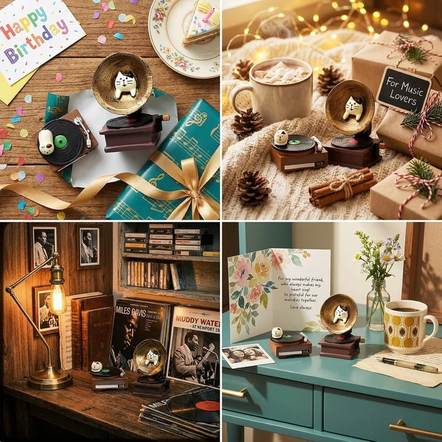 Alt view image 5 of 6 - RAQWI Cat Phonograph & Record Player Figurines, Resin Desk Decor