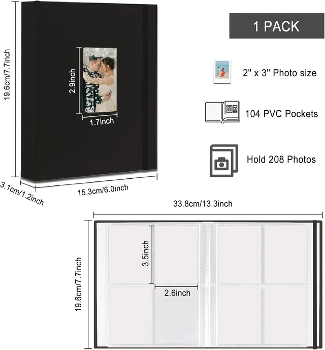 Alt view image 2 of 7 - Fujifilm Photo Album, Mini Instant Film Photo Album, 208 Photos Pictures Book 2x3 Inch, Linen Hardcover Polaroid Book for Polaroid Instant Camera, Travel Family Anniversary Baby Vacations Black 1 Pack