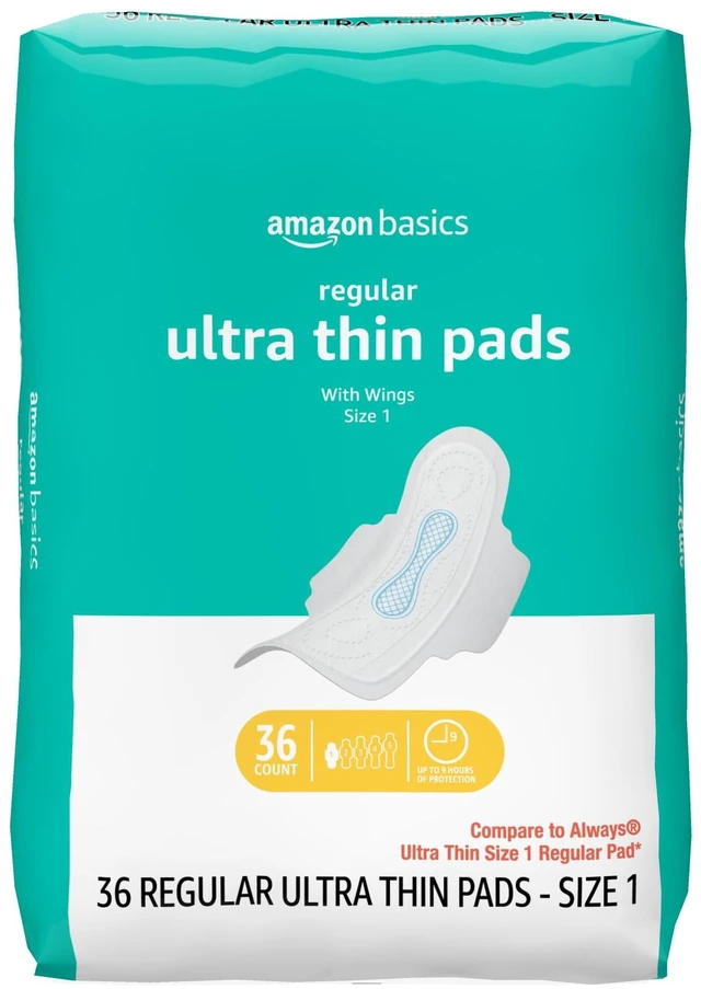 Main image of Amazon Basics Regular Absorbency Feminine Pads for Women, Ultra Thin with Flexi-Wings, Unscented, Size 1, 8-Hour Protection, Leak Prevention, 36 Count