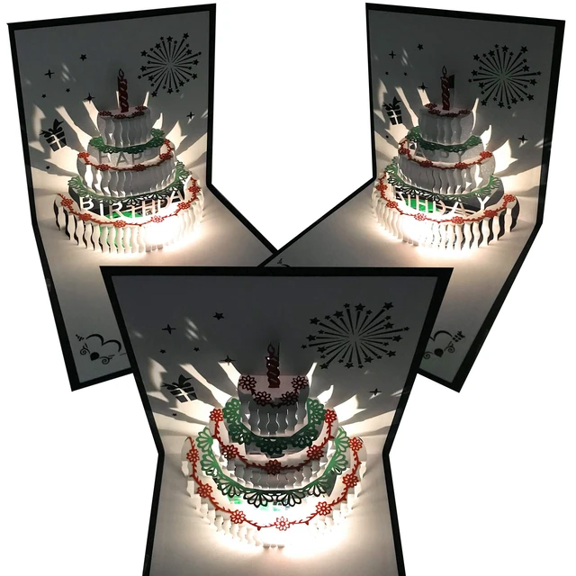 Alt view image 2 of 5 - 3D Pop Up Birthday Cards,Warming LED Light Cake Music Happy Card Postcards Greeting Cards Laser Cut Best for Mom,Wife,Sister, Boy,Girl,Friends 1 Pack
