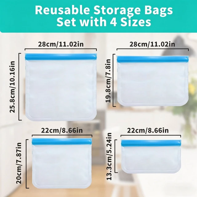 Alt view image 3 of 7 - 4 Pack Reusable Bags, Washable Silicone Freezer Bags for Sandwich, Fruit, Food Storage, Home Organization (4, Blue)