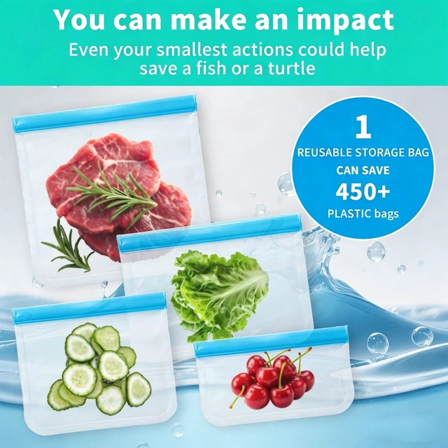 Alt view image 4 of 7 - 4 Pack Reusable Bags, Washable Silicone Freezer Bags for Sandwich, Fruit, Food Storage, Home Organization (4, Blue)