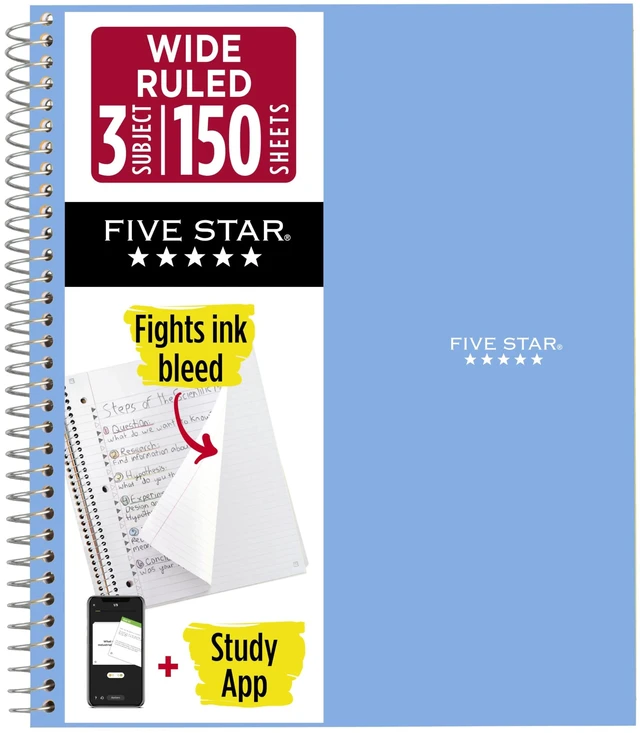 Main image of Five Star Spiral Notebook + Study App, 3 Subject, Wide Ruled Paper, 8" x 10-1/2", 150 Sheets, Fights Ink Bleed, Water Resistant Cover, Tidewater Blue (73184)