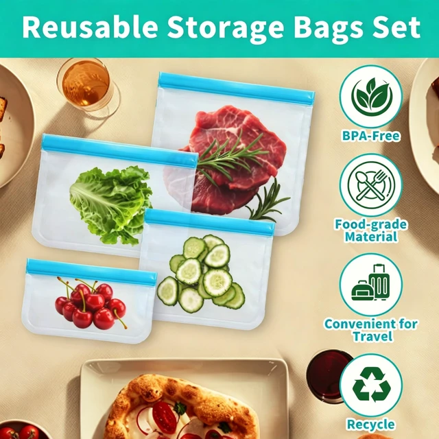 Alt view image 5 of 7 - 4 Pack Reusable Bags, Washable Silicone Freezer Bags for Sandwich, Fruit, Food Storage, Home Organization (4, Blue)