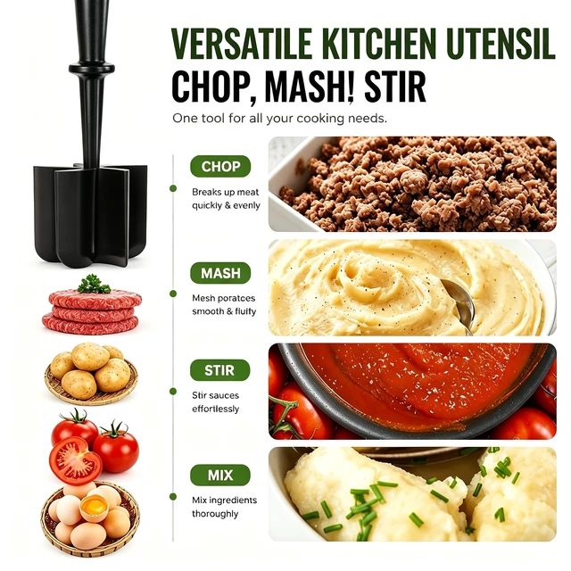 Alt view image 3 of 7 - Meat Chopper, 5-Blade Curved Potato Masher & Hamburger Meat Smasher, Ground Beef Chopper, Premium Heat-Resistant Masher for Beef, Chicken and More