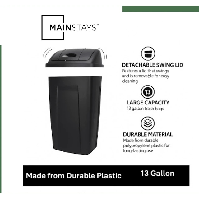 Alt view image 4 of 6 - Mainstays Kitchen Trash Can, 13 Gallon Plastic Garbage Bin with Swing Top Lid, Black