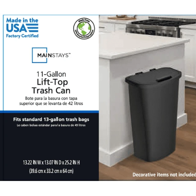 Alt view image 5 of 6 - Mainstays 11 Gallon Plastic Kitchen Trash Can with Lift-Top Lid, Black