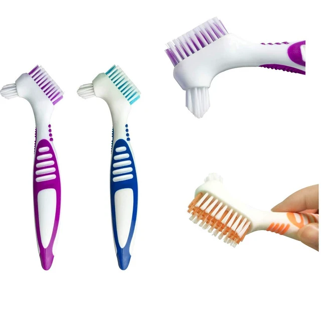 Alt view image 3 of 6 - 3 Pcs Denture Cleaning Brush Portable Cleaning Brush False Teeth Brushes for Denture Care Denture Cleaner with Multi-Layered Soft Bristles and Dual Angled