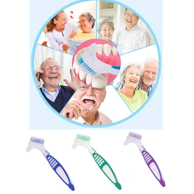 Alt view image 4 of 6 - 3 Pcs Denture Cleaning Brush Portable Cleaning Brush False Teeth Brushes for Denture Care Denture Cleaner with Multi-Layered Soft Bristles and Dual Angled