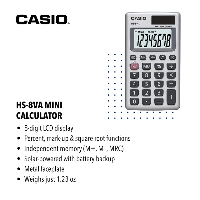 Alt view image 2 of 6 - Casio HS-8VA Mini 6-Function Calculator